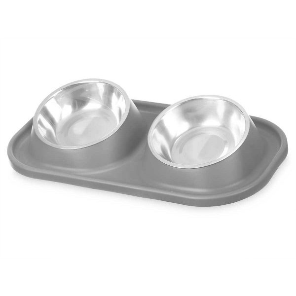Dierenvoederbak Grijs Metaal 40 x 8,5 x 22 cm Dubbel (12 Stuks)