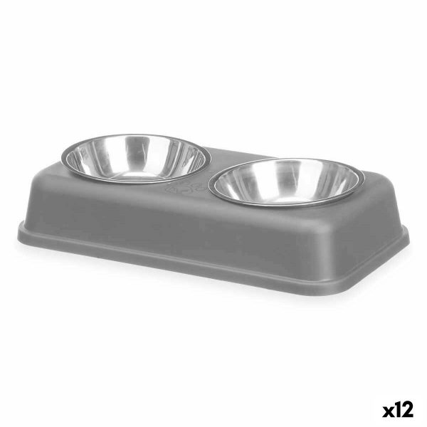 Dierenvoederbak Grijs Metaal 35 x 7,5 x 19 cm Dubbel (12 Stuks)